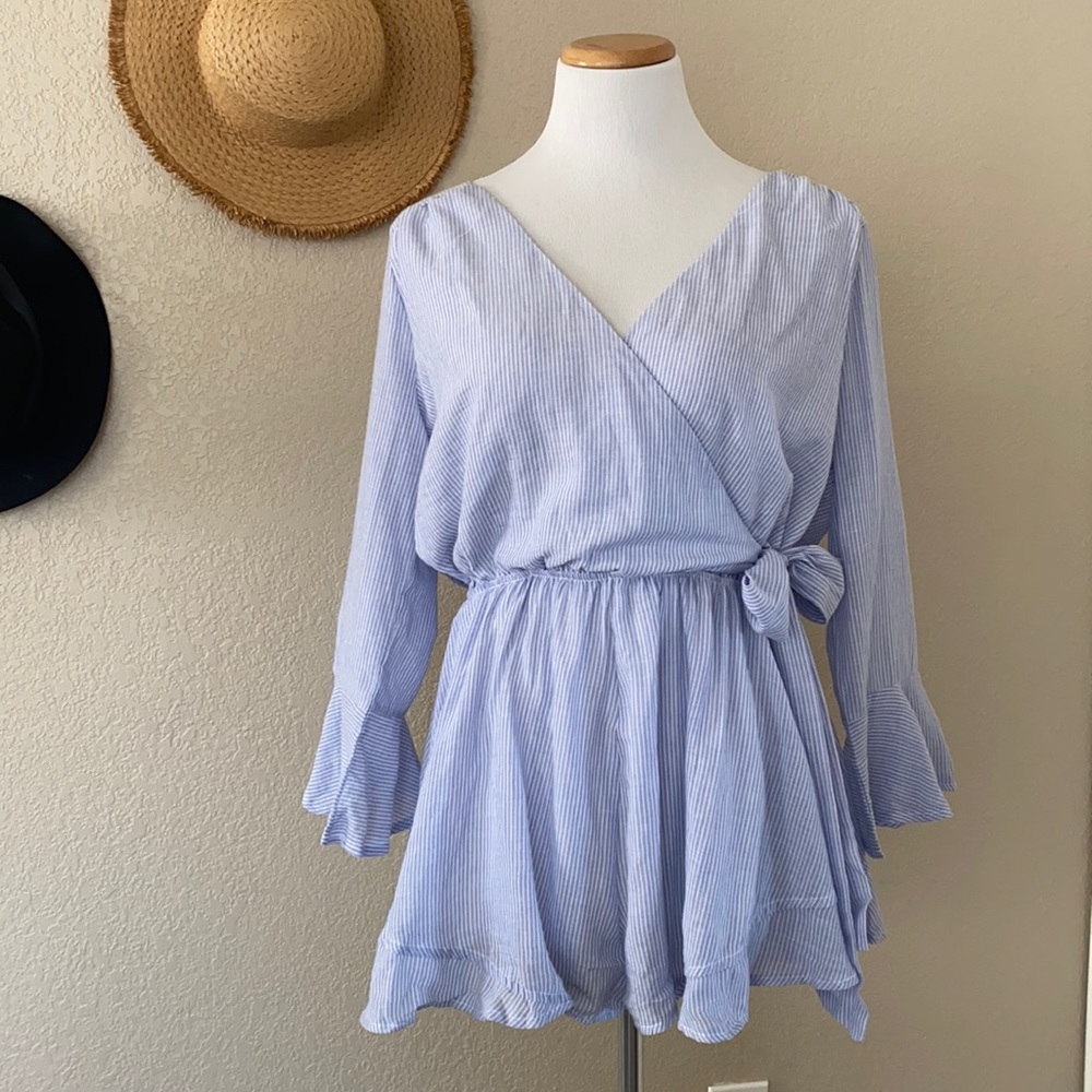 Blue and white stripped long sleeve romper